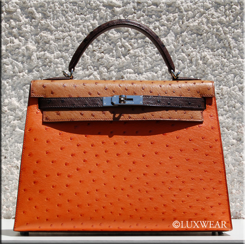 Tricolor Ostrich & Silver 32cm HERMES Kelly BAG